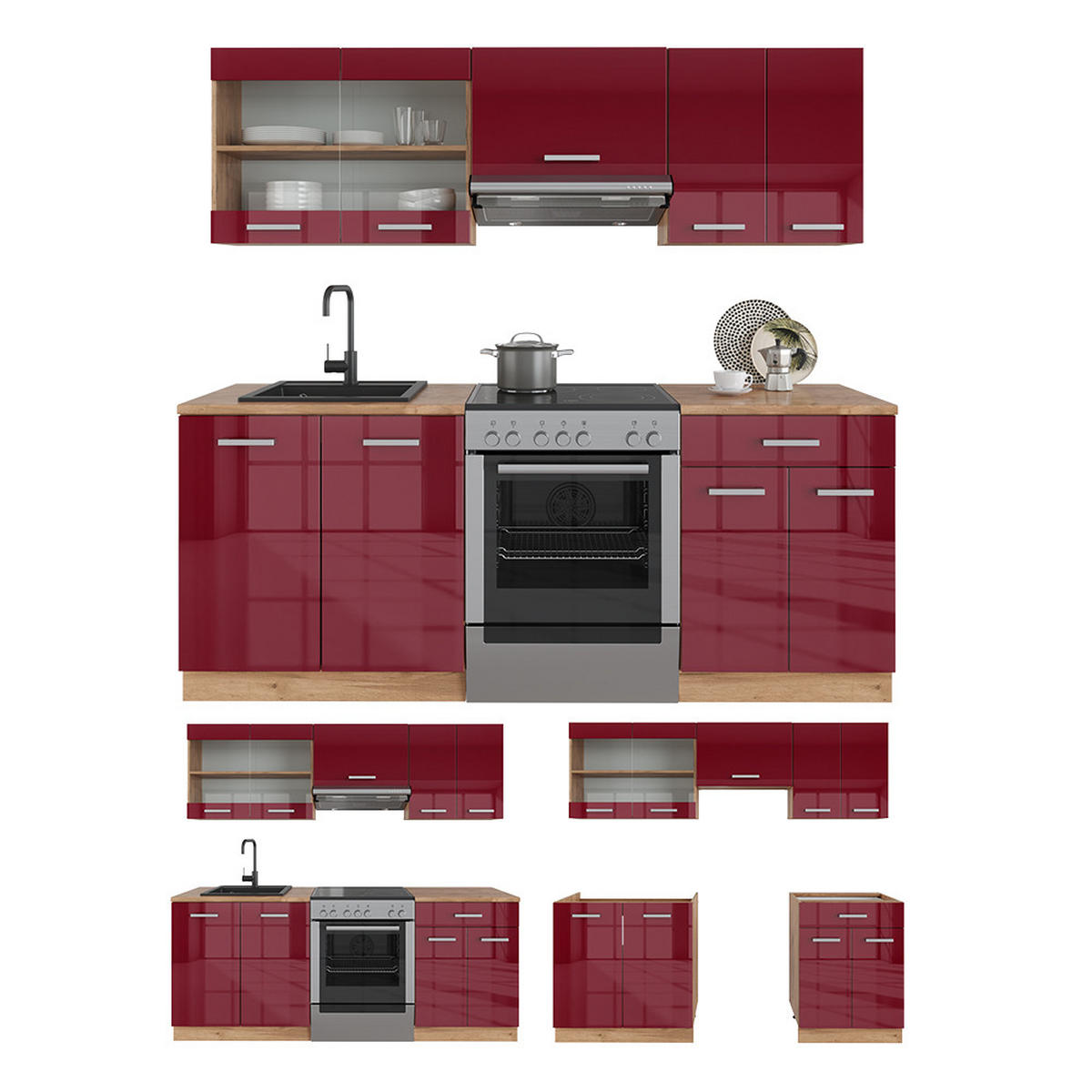 KÜCHENZEILE R-Line Rot Hochglanz/Goldkraft Eiche 200 cm AP Marmor - Rot/Eiche Wotan, Holzwerkstoff (200/81.6/60cm) - Vicco
