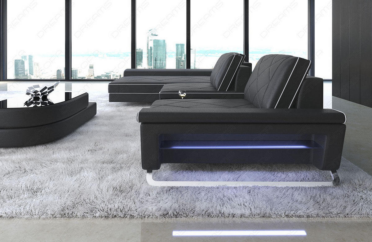 LEDERSOFA Bari L - Schwarz/Weiß, Leder (197/369cm) - Sofa Dreams