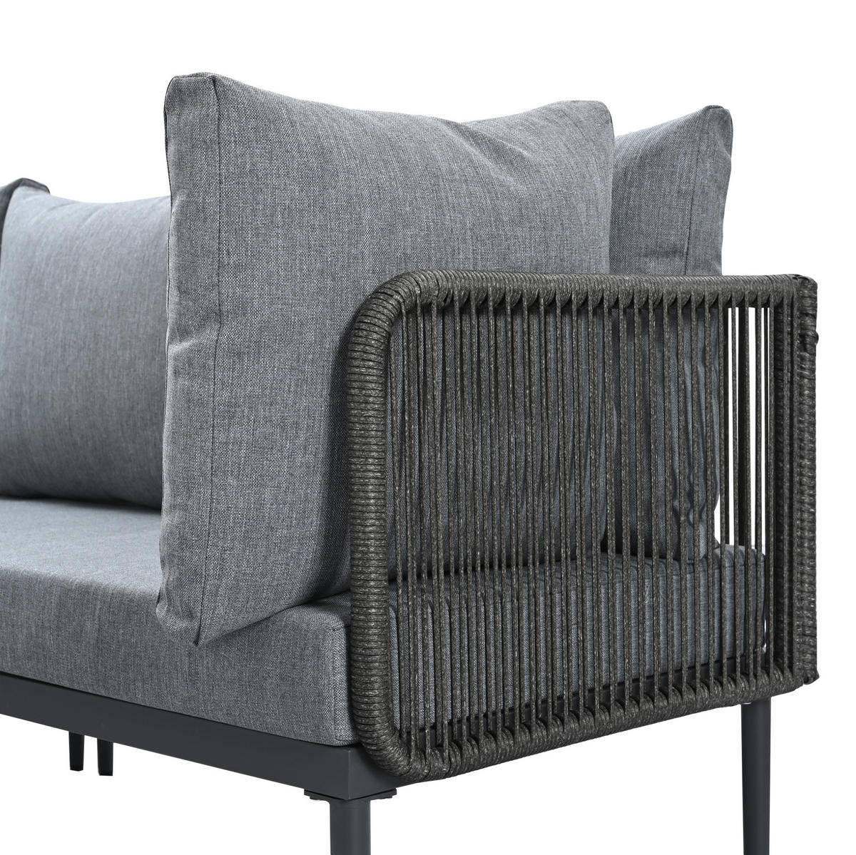 GARTEN-ESSGRUPPE mit Ecksofa, Esstisch, Olefin und handgeflochtener Seilbespannung, Grau - Grau, Metall - Redom