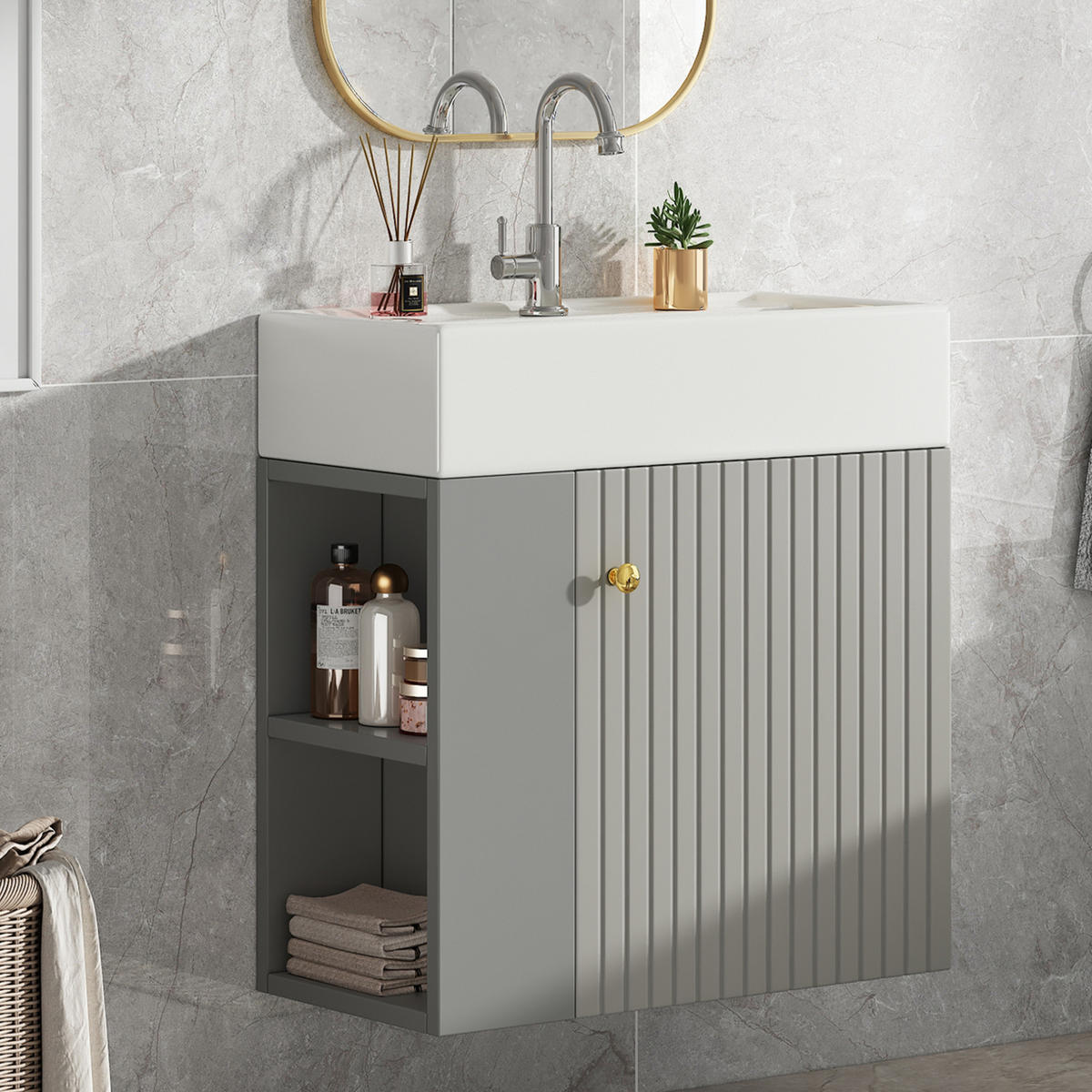 BADEZIMMERSCHRANK 55x31x66.5 cm Grau & Weiß aus Kunststoff mit Keramikbecken & 3D-Paneel - Grau, Holzwerkstoff (55/66.5/31cm) - Modfu