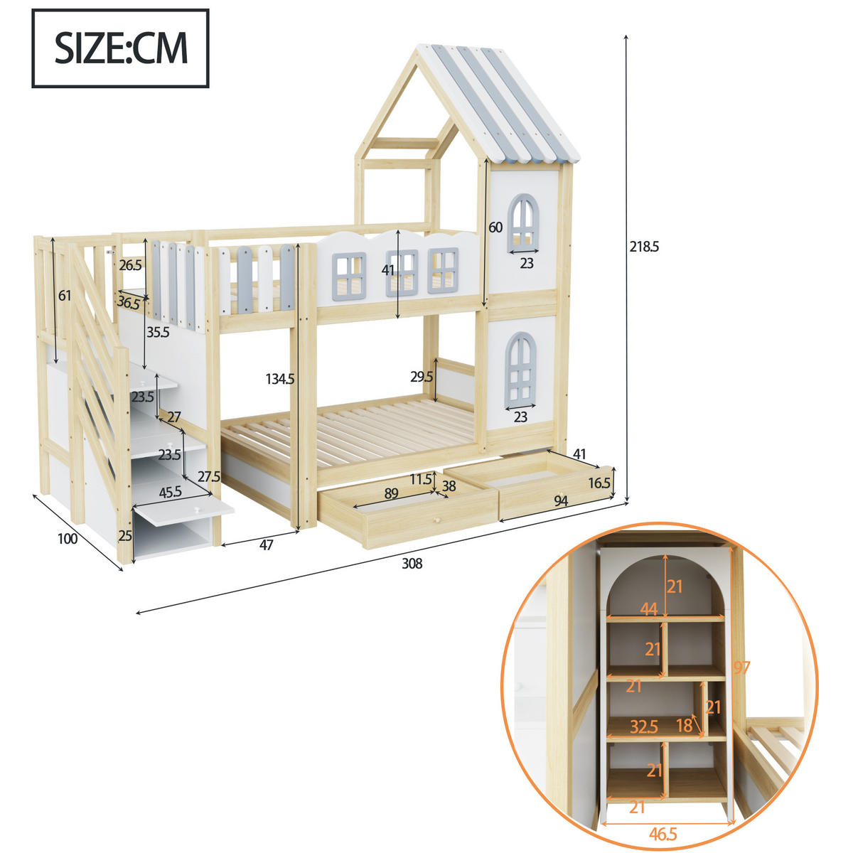 ETAGENBETT 90/200 cm in Weiß/Grau/Holz mit Stauraum, Schubladen und Fenstern - Weiß, Holz/Holzwerkstoff (90/200cm) - WISHDOR