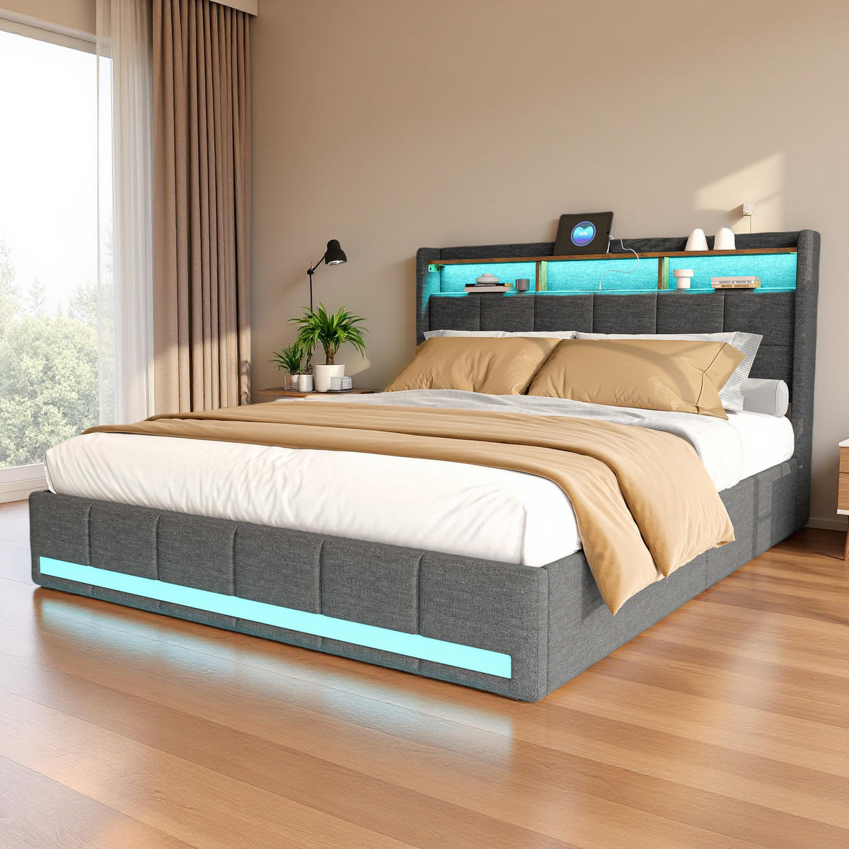 POLSTERBETT 180x200 cm Grau Leinen LED USB Typ-C 4 Schubladen - Grau, Holz (180/200cm) - SHOPENTRA