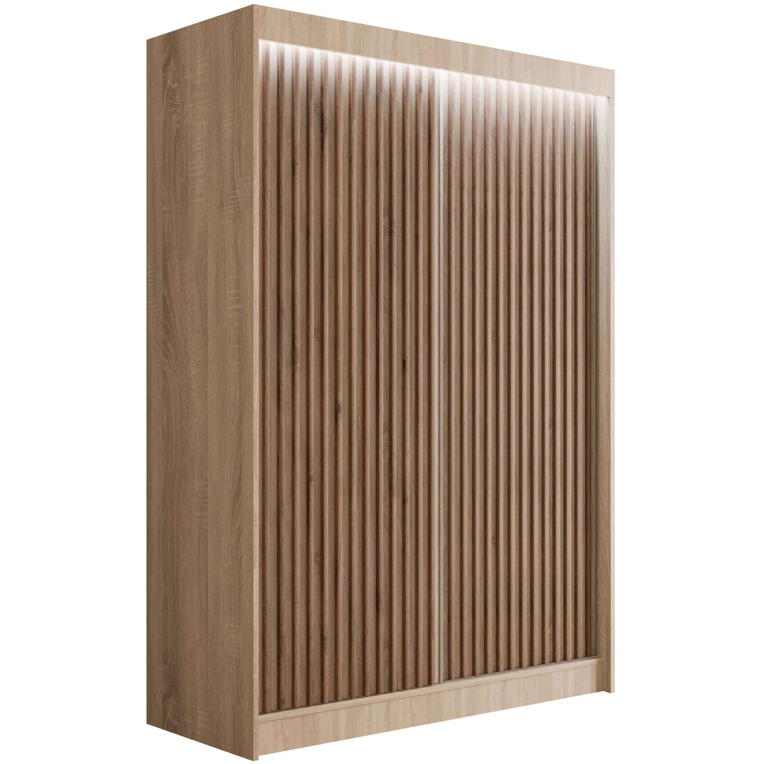 ALTDECOR ŠATNÍ SKŘÍŇ s LED osvětlením, lamelovými posuvnými dveřmi VILANv2 – 150 cm Sonoma dub + Sonoma dub + lamely z dubu wotan