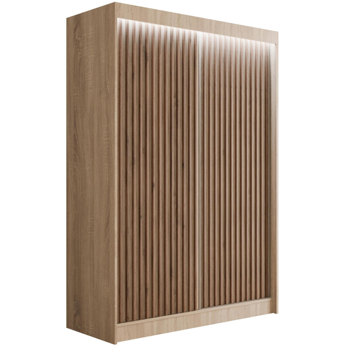 KLEIDERSCHRANK mit LED, Lamel-Schiebetüren VILANv2 - 120 cm Sonoma Eiche + Sonoma Eiche + Lamelle Eiche Wotan - Eiche Wotan/Sonoma Eiche, Holzwerkstoff (120/215/61cm) - ALTDECOR
