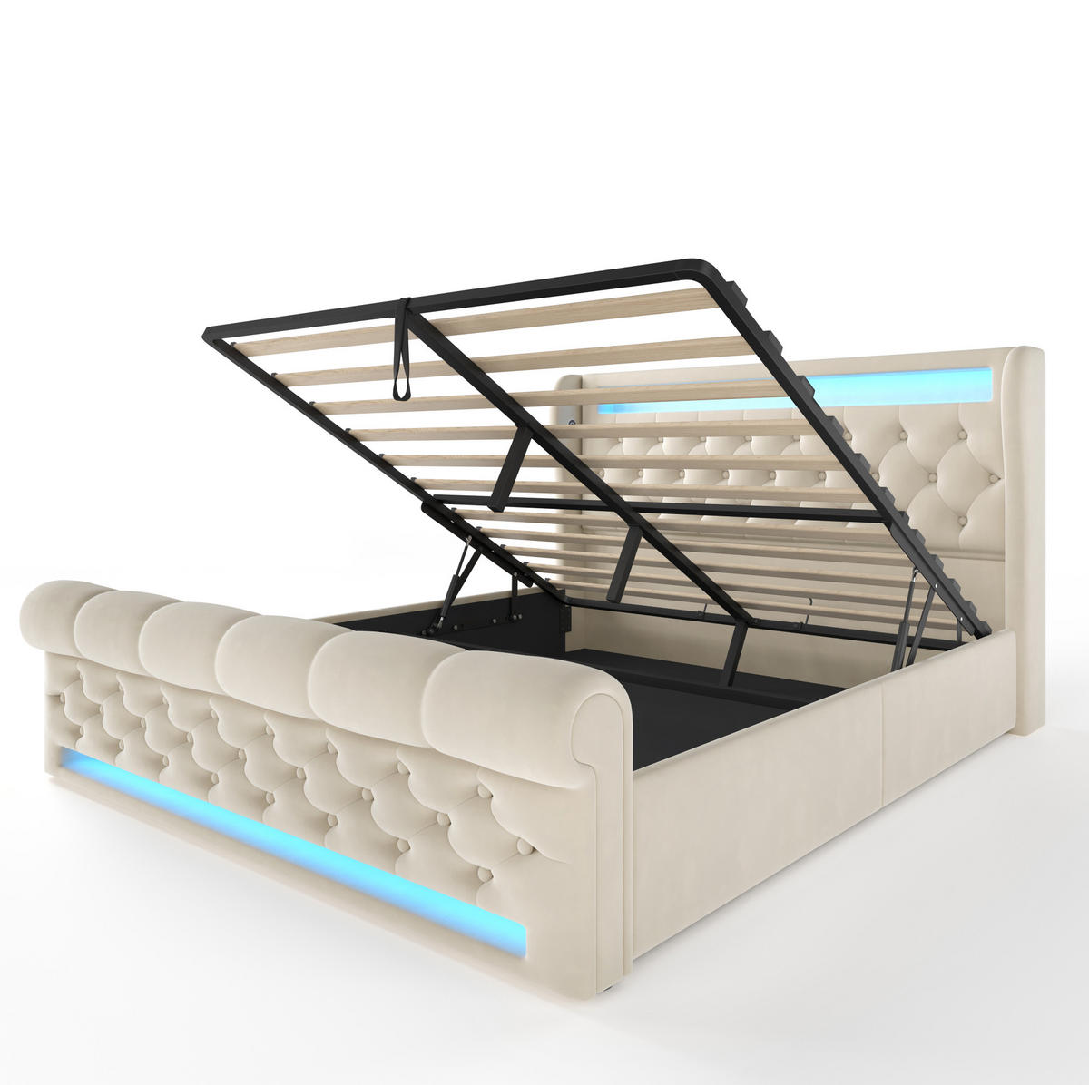 POLSTERBETT 140/200 cm Beige mit LED-Beleuchtung, Stauraum und USB- und Type-C-Anschlüssen - Beige, Textil (140/200cm) - Flora Grace