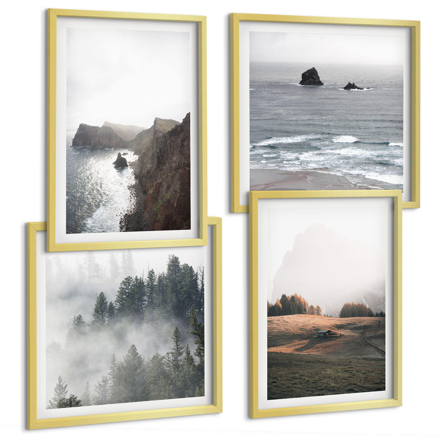 BILDER SET 4er Set - 50x50 cm & 40x60 cm Goldrahmen - Landschaften aus Bergen und Meer - Goldfarben, Kunststoff (50/50cm) - TULUP