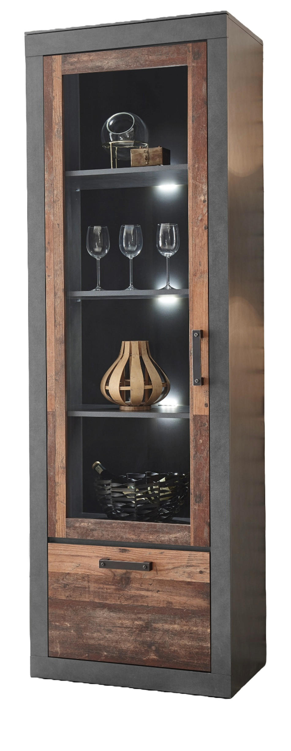 VITRINE Old Used Wood Shabby Design, grau, Vitrinenschrank mit 5 Fächern - Braun/Grau, Glas/Holzwerkstoff (65/201/40cm) - Furn.Design