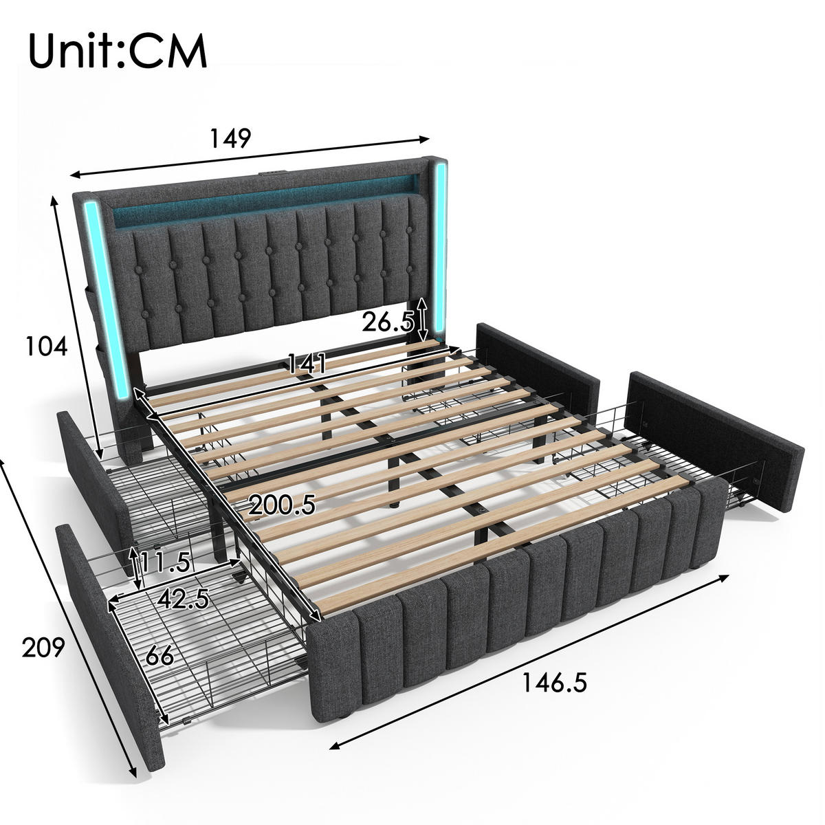 ČALÚNENÁ posteľ z ľanového materiálu 140x200 cm sivá s LED osvetlením, USB-C a úložnými zásuvkami - sivá, textil (140/200cm) - Modfu