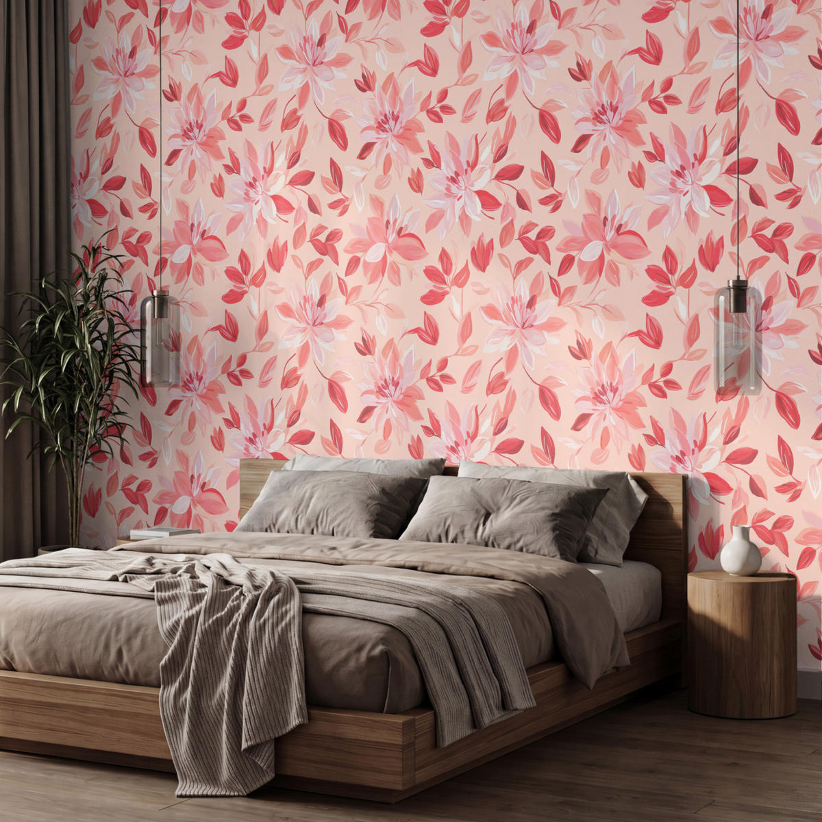 TAPETE - Botanisch - Blumen - Rot - 450x300 cm - Koralle, Papier (450/300cm) - OnlyWow
