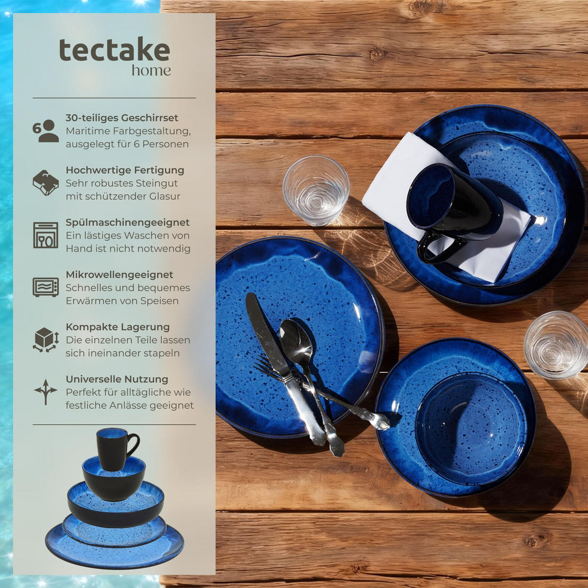 KOMBISERVICE Mare, ineinander stapelbar, blau - Blau, Keramik (26.5/2.5/26.5cm) - tectake