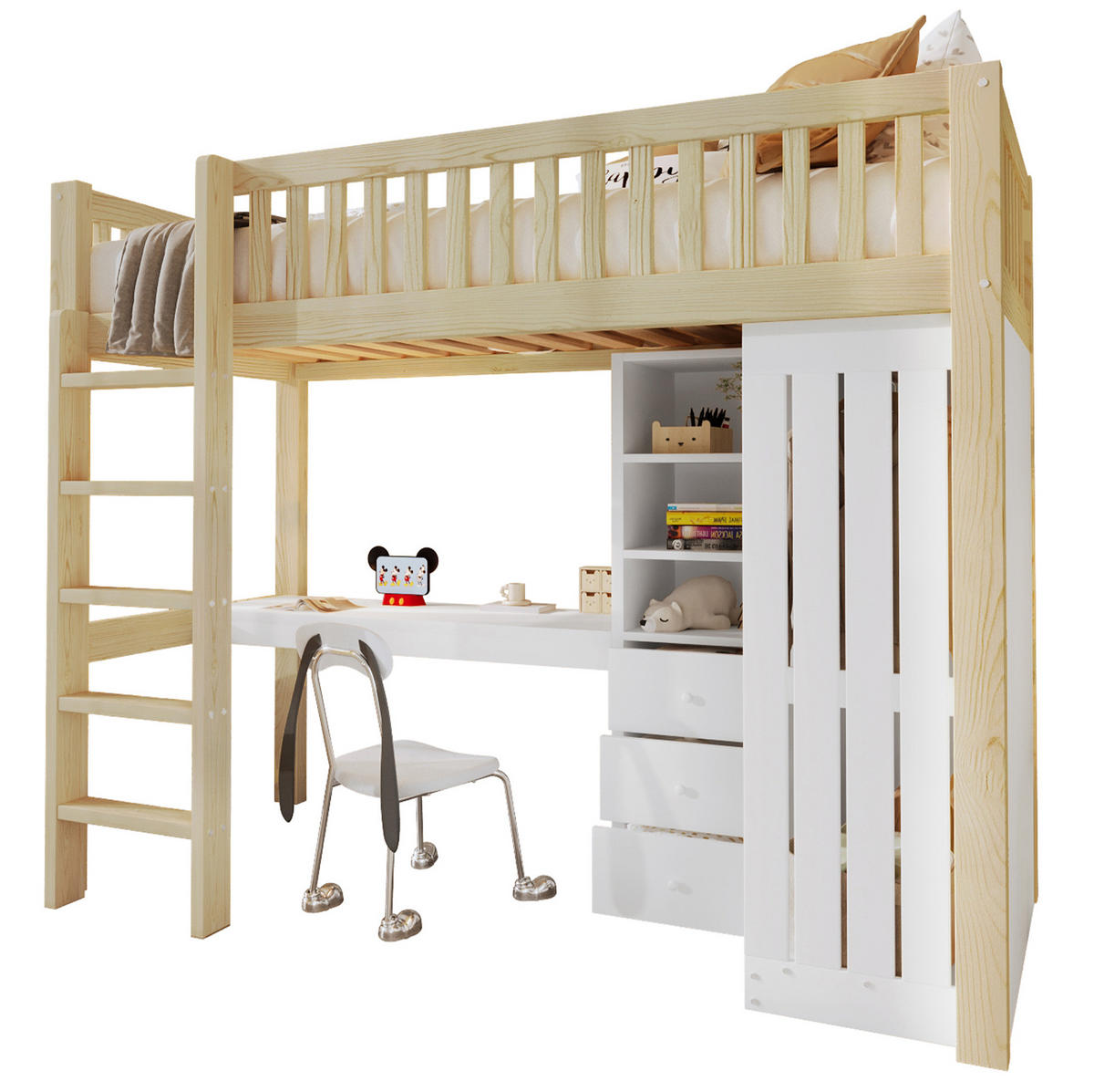 HOCHBETT aus Kiefernholz und MDF 90x200 cm Natur mit Schreibtisch, Kleiderschrank, 3 Schubladen und Treppe - Naturfarben, Holzwerkstoff (140/200cm) - Modfu