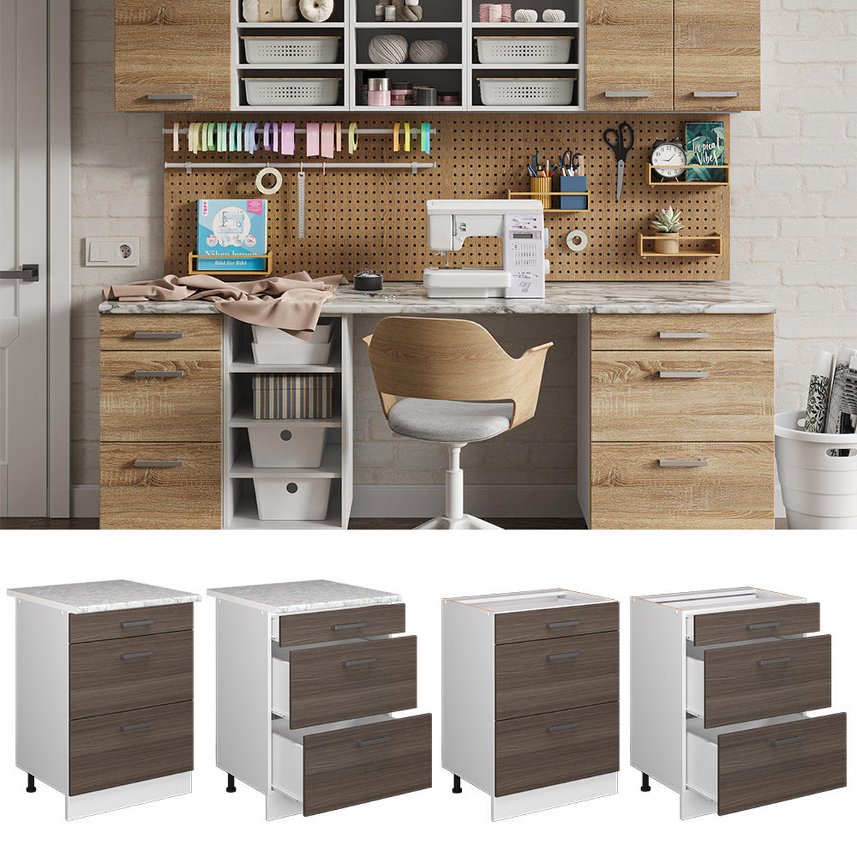 UNTERSCHRANK R-Line Grau 60 cm mit Schubladen, ohne AP - Weiß/Grau, Holzwerkstoff (60/81.6/46cm) - Vicco