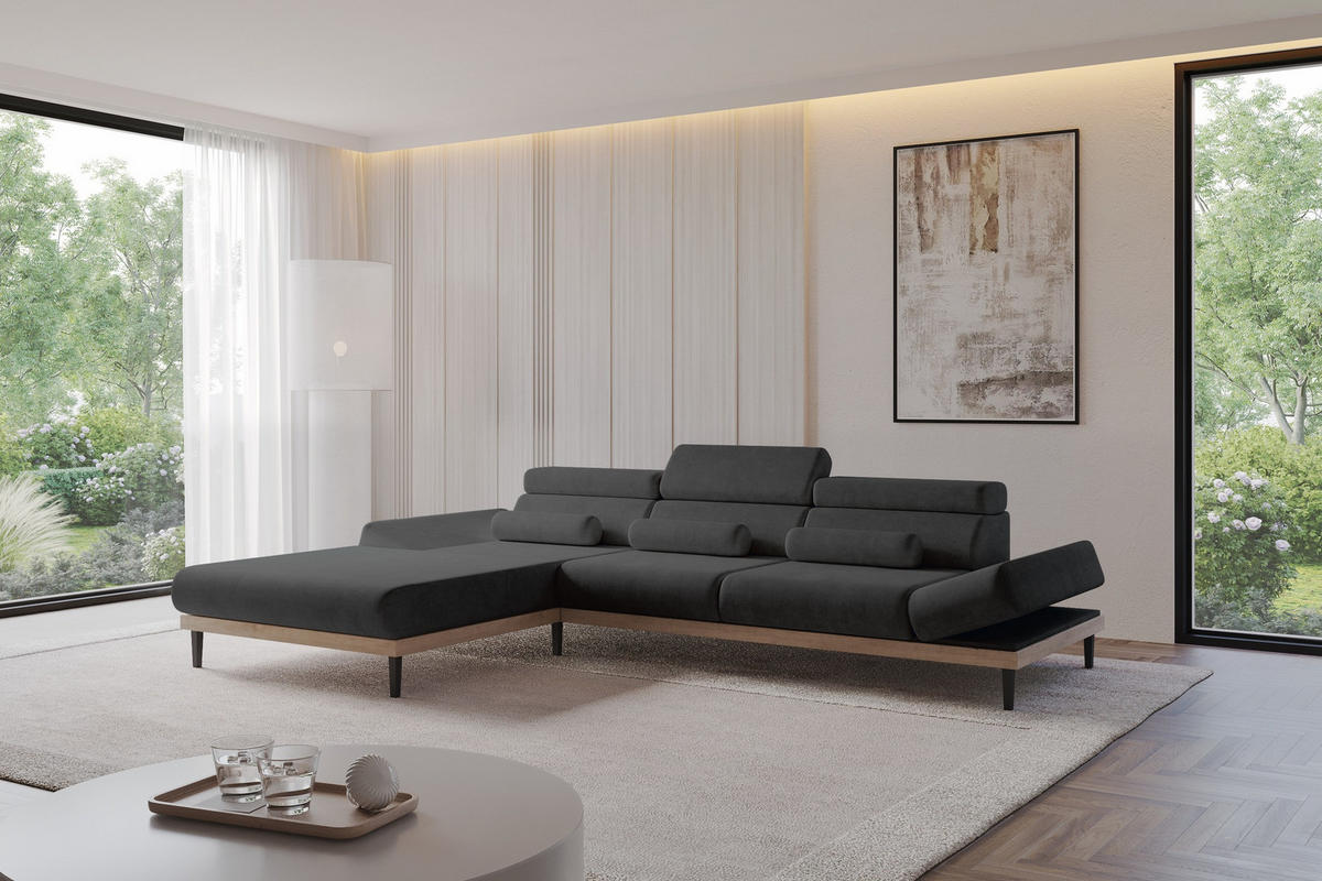 ELEKTRISCHES ECKSOFA Links MONA 316x205x85 Schwarz Velours - Schwarz/Graphitfarben, Holzwerkstoff/Textil (316/205cm) - ALTDECOR