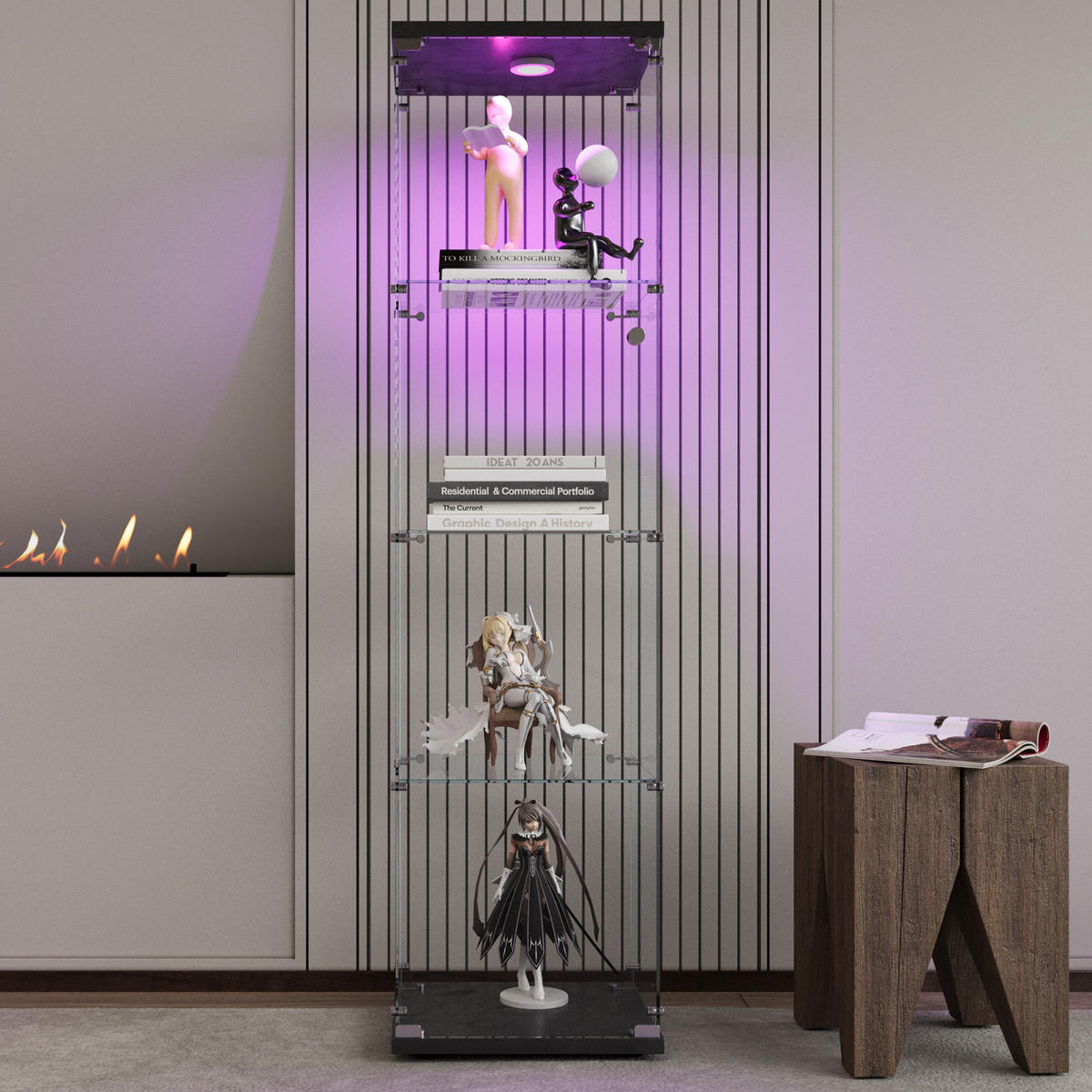 GLASVITRINE SCHWARZ 4 BÖDEN LED TÜR VERSTELLBARE FÜSSE - Schwarz, Glas (36.3/164.3/42.5cm) - SHOPENTRA