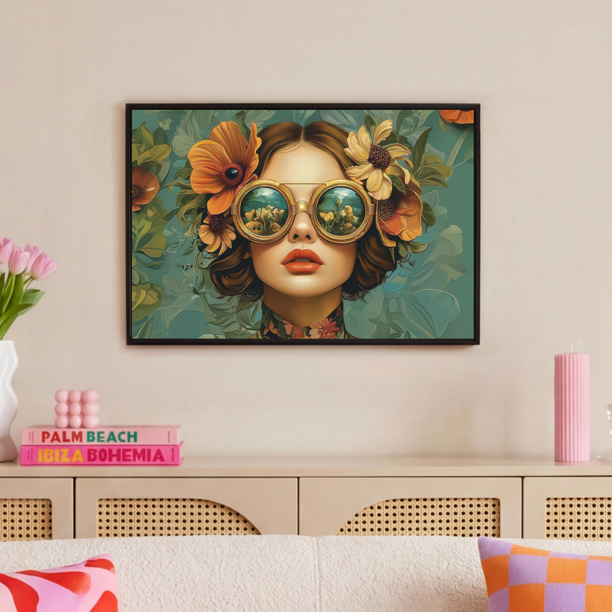 LEINWAND Bilder mit Rahmen - Frau - Blumen - Schmetterlinge - Natur - Vintage - 60x40 - Salbeigrün, Textil (60/40cm) - MuchoWow