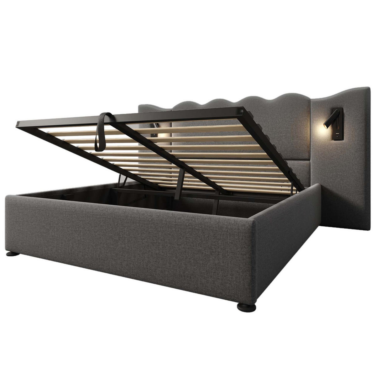 POLSTERBETT aus Leinen 160x200 cm Grau mit Bettkasten, Leselampe und USB-/Type-C-Anschlüssen - Grau, Textil (160/200cm) - IVMEU