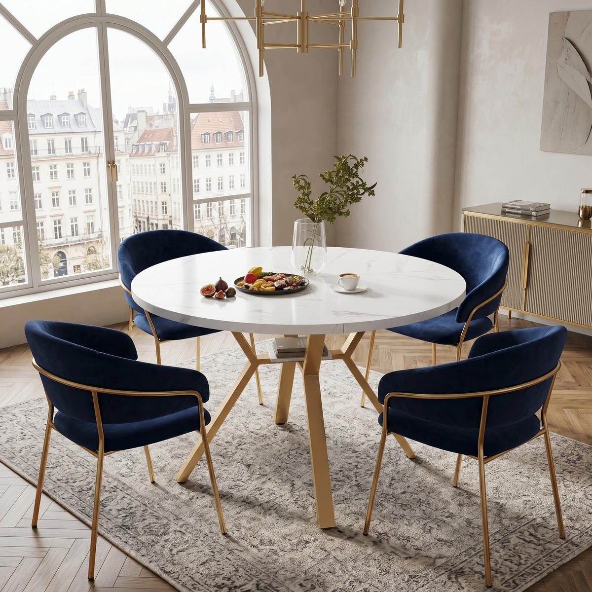 ESSTISCH runder marmor-optik Ø 100 cm mit X-metallgestell - Goldfarben, Holzwerkstoff (100/100/75cm) - Urban Meuble