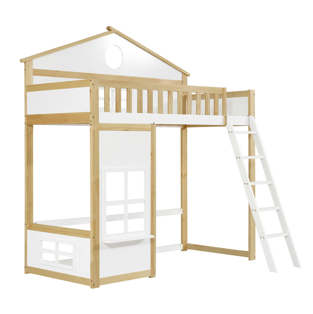 ETAGENBETT aus Kiefer und MDF 90x200 cm Weiß/Natur mit Treppe, Fallschutz, Dach und Fenstern - Weiß, Holzwerkstoff (90/200cm) - Modfu
