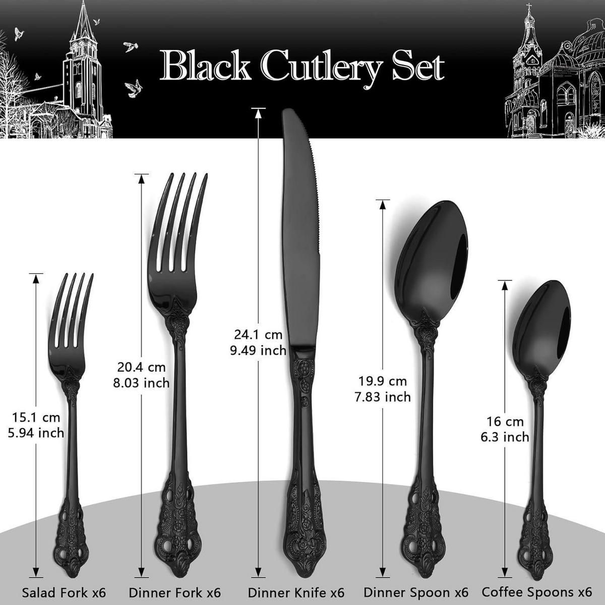 BESTECKSET 30-teiliges Set Schwarz Mattiert Edelstahl Geprägte Griffe Spülmaschinenfest - Schwarz, Metall