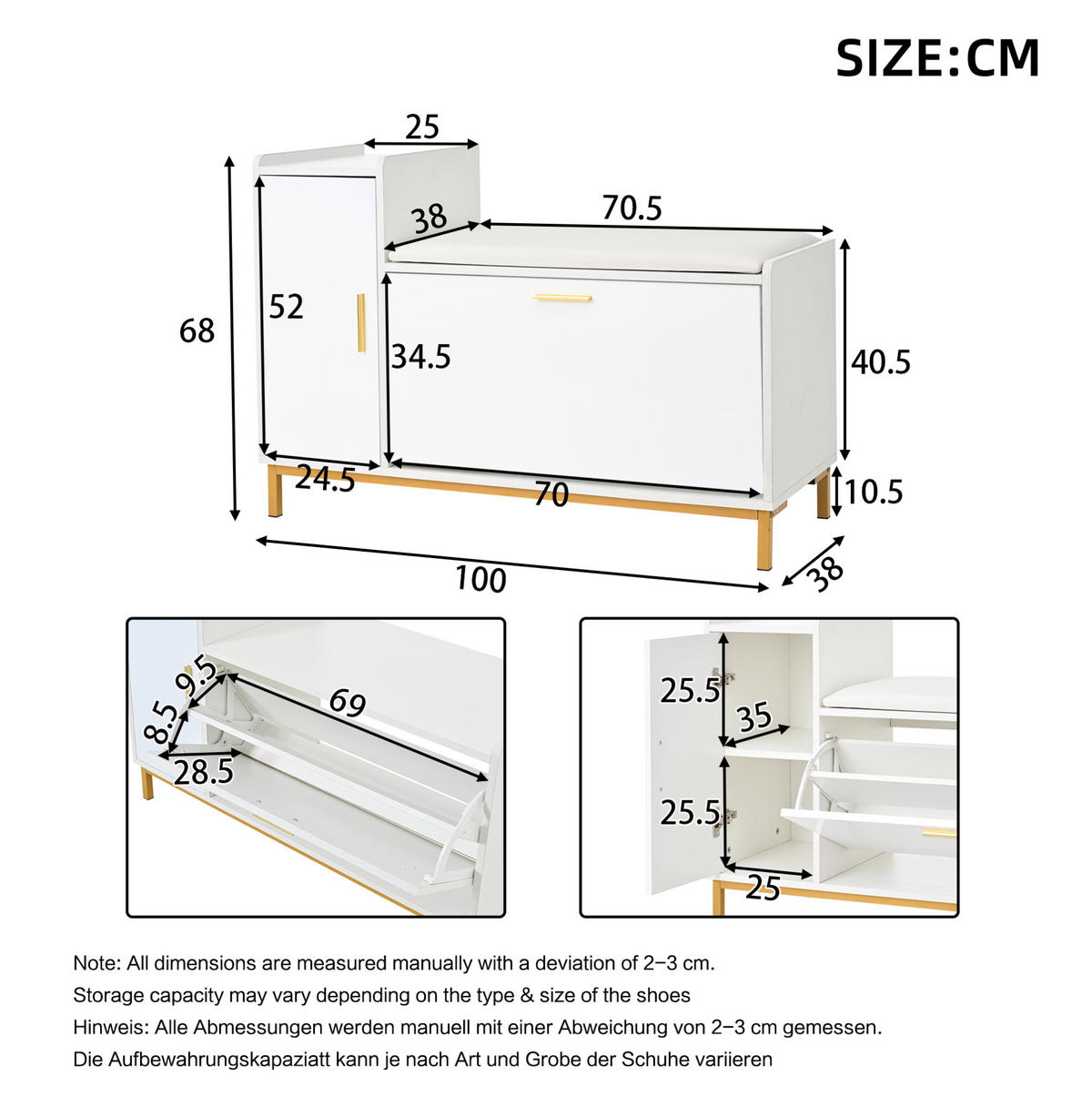 SCHUHSCHRANK aus Spanplatte 100x38x68cm in Weiß mit Sitzkissen - Weiß, Holzwerkstoff (100/68/38cm) - Modfu