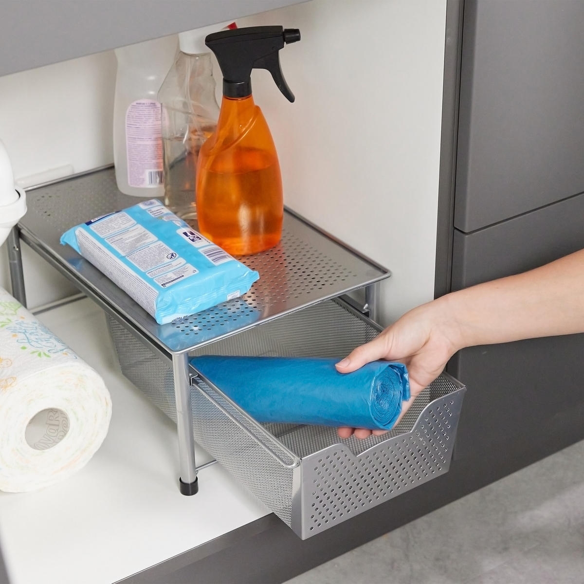 ORGANISERARE Silver stål med utdragbar korg 42,5 cm - Silverfärgad, Metall/Plast (28/19/42.5cm) - Relaxdays