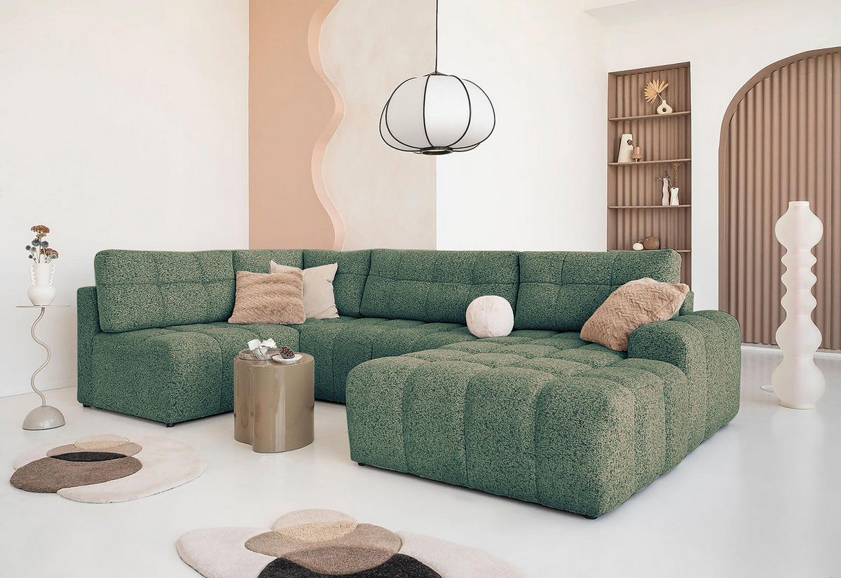 WOHNLANDSCHAFT - Strukturstoff - Türkis/Beige, Kunststoff/Textil (333/187cm) - home24