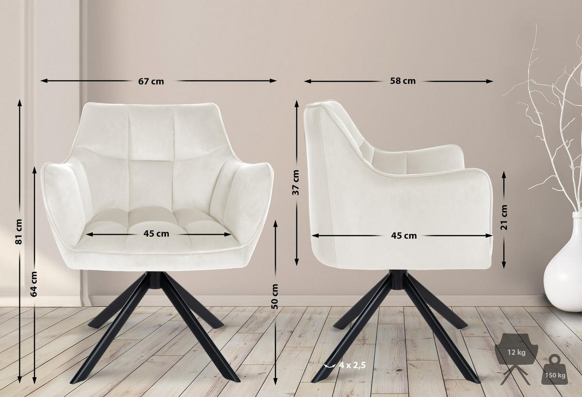 ESSZIMMERSTUHL SWING Samt schwarz 81x67x58 cm creme Samt Metall - Creme, Textil/Metall (67/81/58cm) - DELUKE