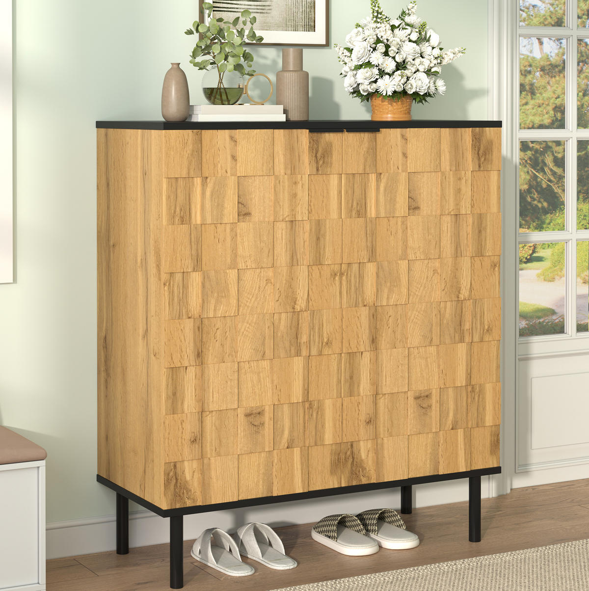 SCHUHSCHRANK aus Spanplatte 80x35x91,5 cm Natur mit höhenverstellbaren Fächern und Mosaik-Türdesign - Naturfarben, Holzwerkstoff (80/91/35cm) - Modfu