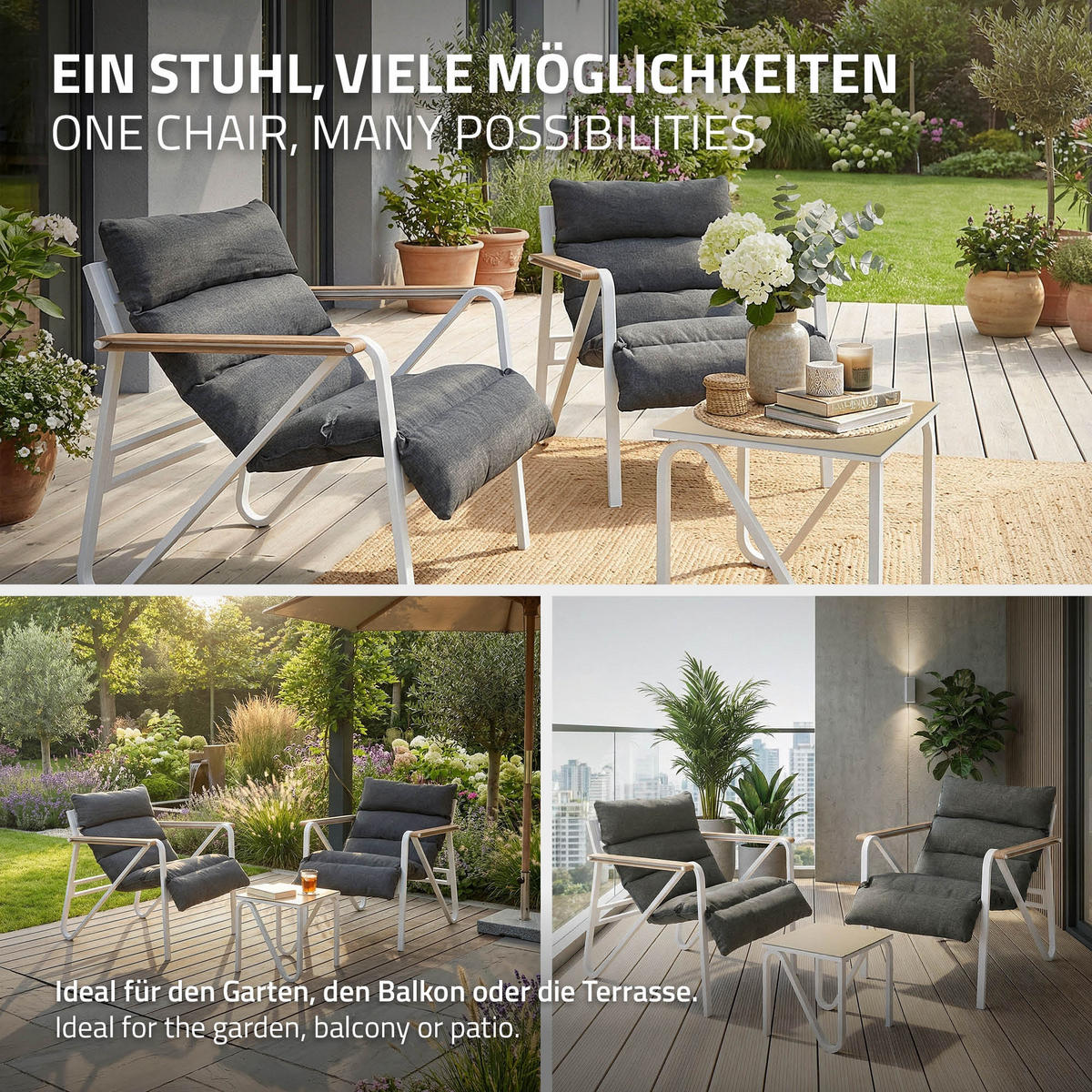 ZAHRADNÍ nábytek, 3dílná sada, bílá-šedá, s ocelovým rámem - bílá/antracitová, kov/textil - ML-DESIGN