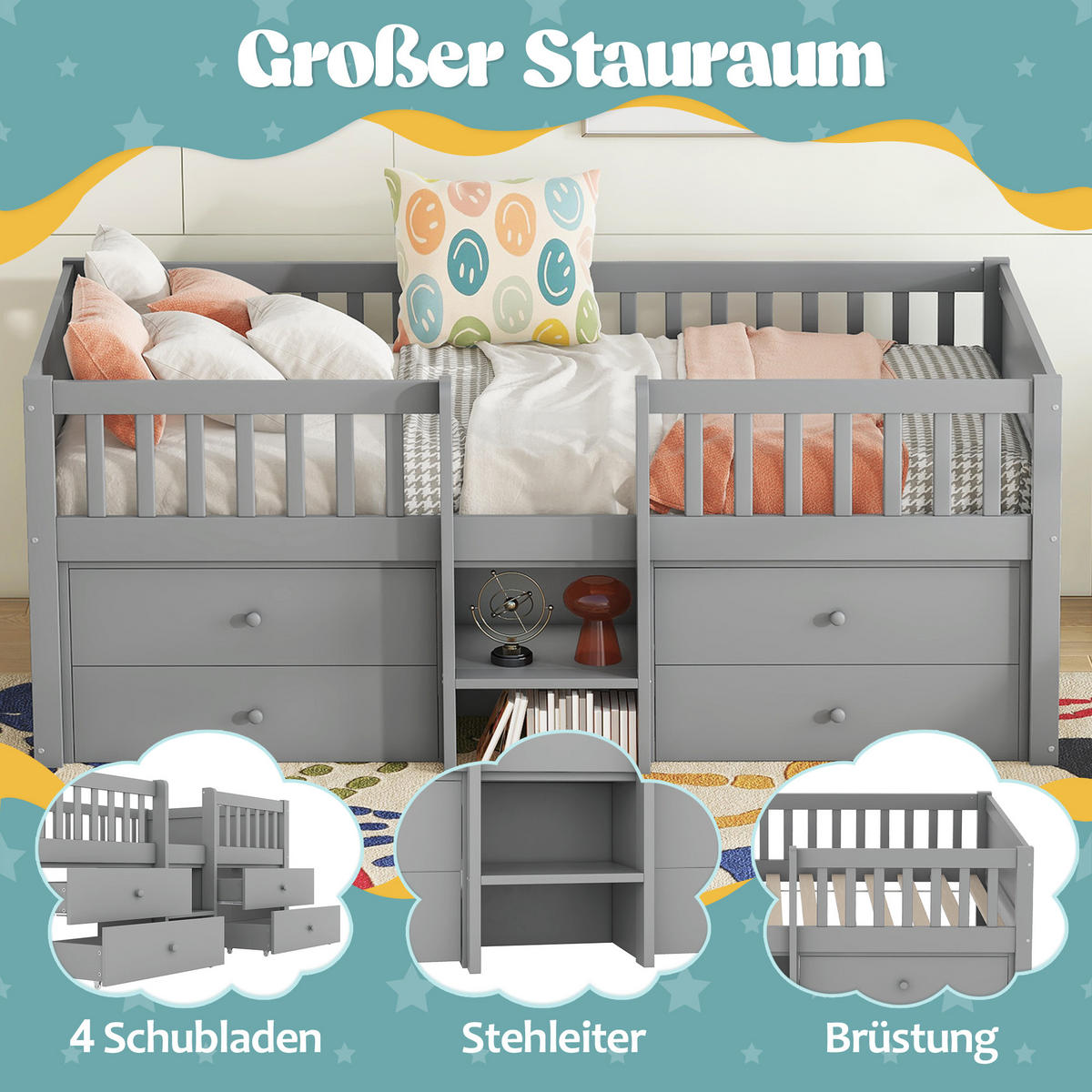 HOCHBETT 90/200 cm grau mit 4 Schubladen und Sicherheitsgeländer - Grau, Holz (90/200cm) - OKWISH