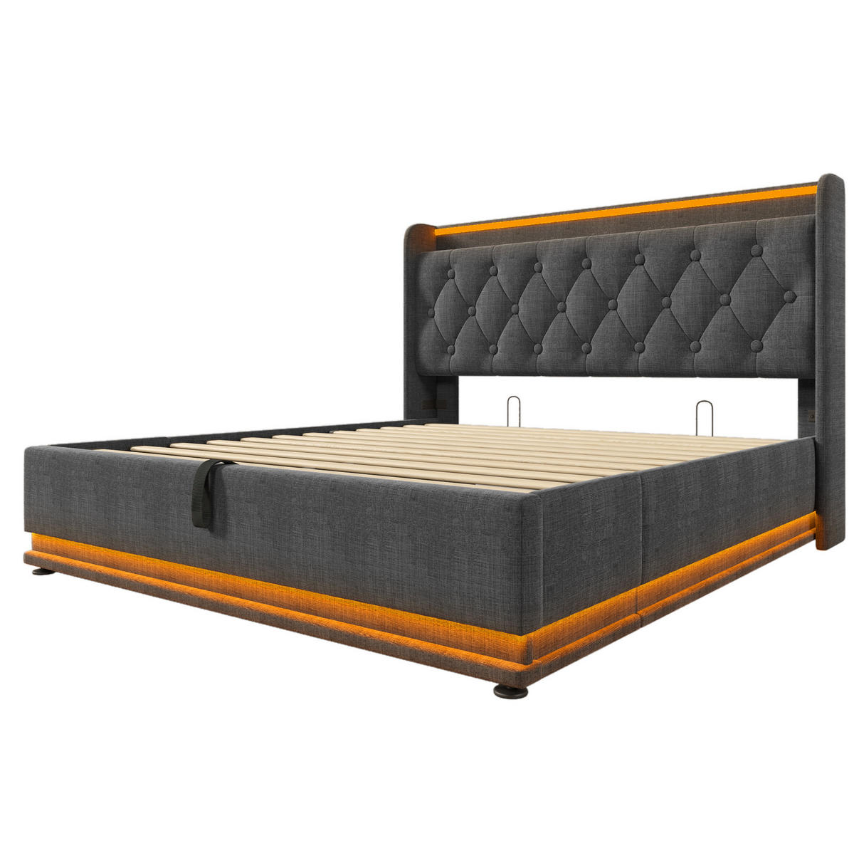 BETT mit Stauraum, LED und Matratze 160x200 cm Leinen Grau - Grau, Metall (160/200cm) - Meubliv