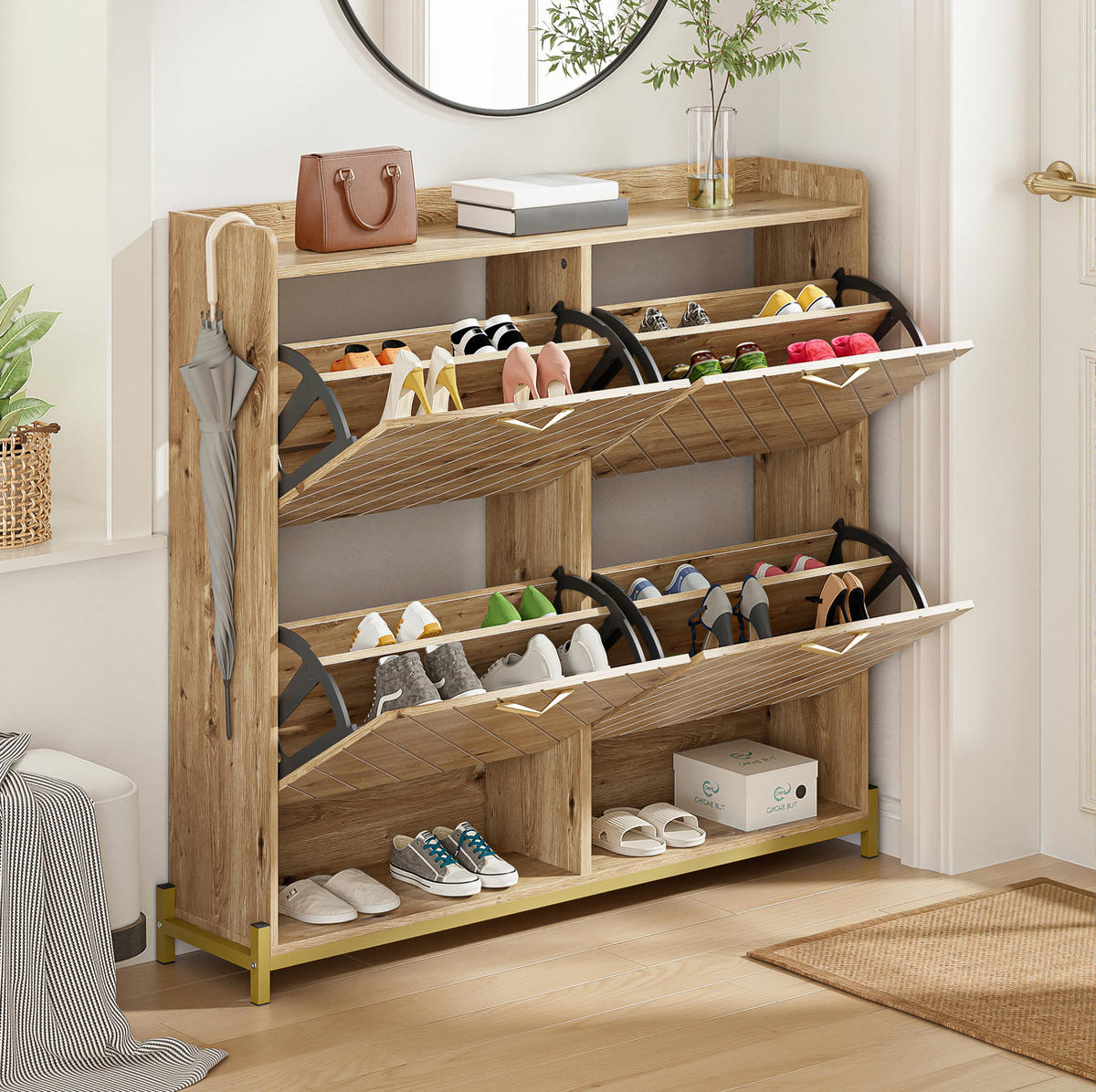 SCHUHSCHRANK 108,5/24/100 cm Holzfarbe aus MDF mit 4 Klappen - Naturfarben, Holzwerkstoff (108.5/100/24cm) - OKWISH