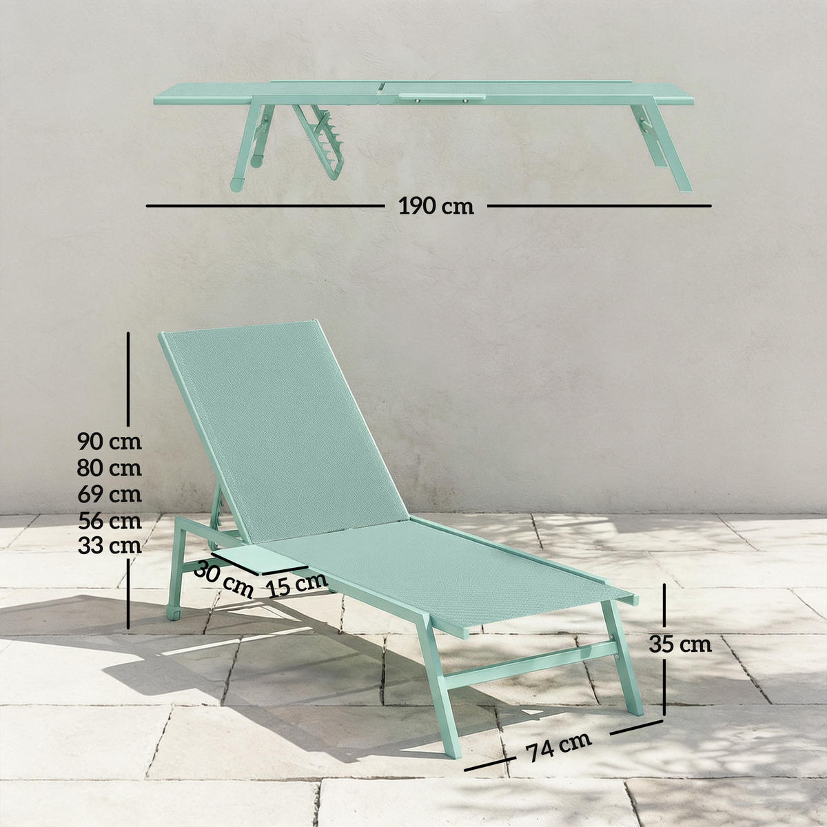 SONNENLIEGE Set aus 2 verstellbaren Sonnenliegen mit Beistelltisch und 2 Rollen 5-fach verstellbar,190*74*35 cm grün - Grün, Metall (74/35/190cm) - Vallsero