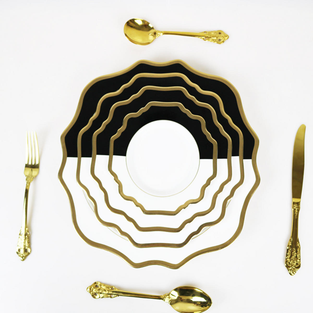 TELLERSET Schwarz Weiß Gold Bone China 4tlg Ø33 Ø27 Ø22 Ø16 cm - Weiß, Keramik (33/33/3cm) - Quality Elegance