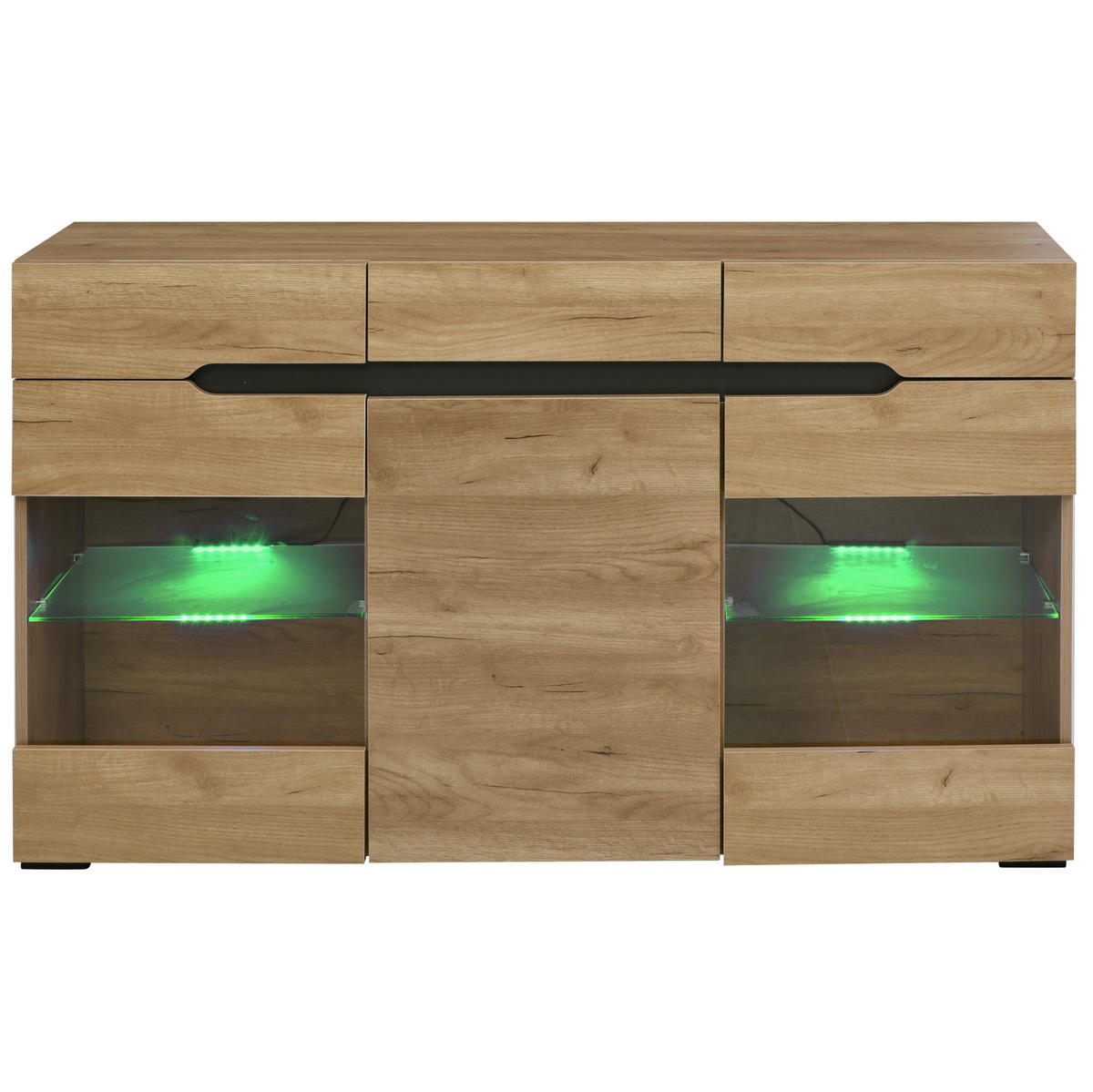 KOMODA z dřevotřísky 140x35x80 cm dubová s LED osvětlením, 3 dvířky, 3 zásuvkami a USB napájením - barva dubu, kompozitní dřevo (140/80/35cm) - Modfu