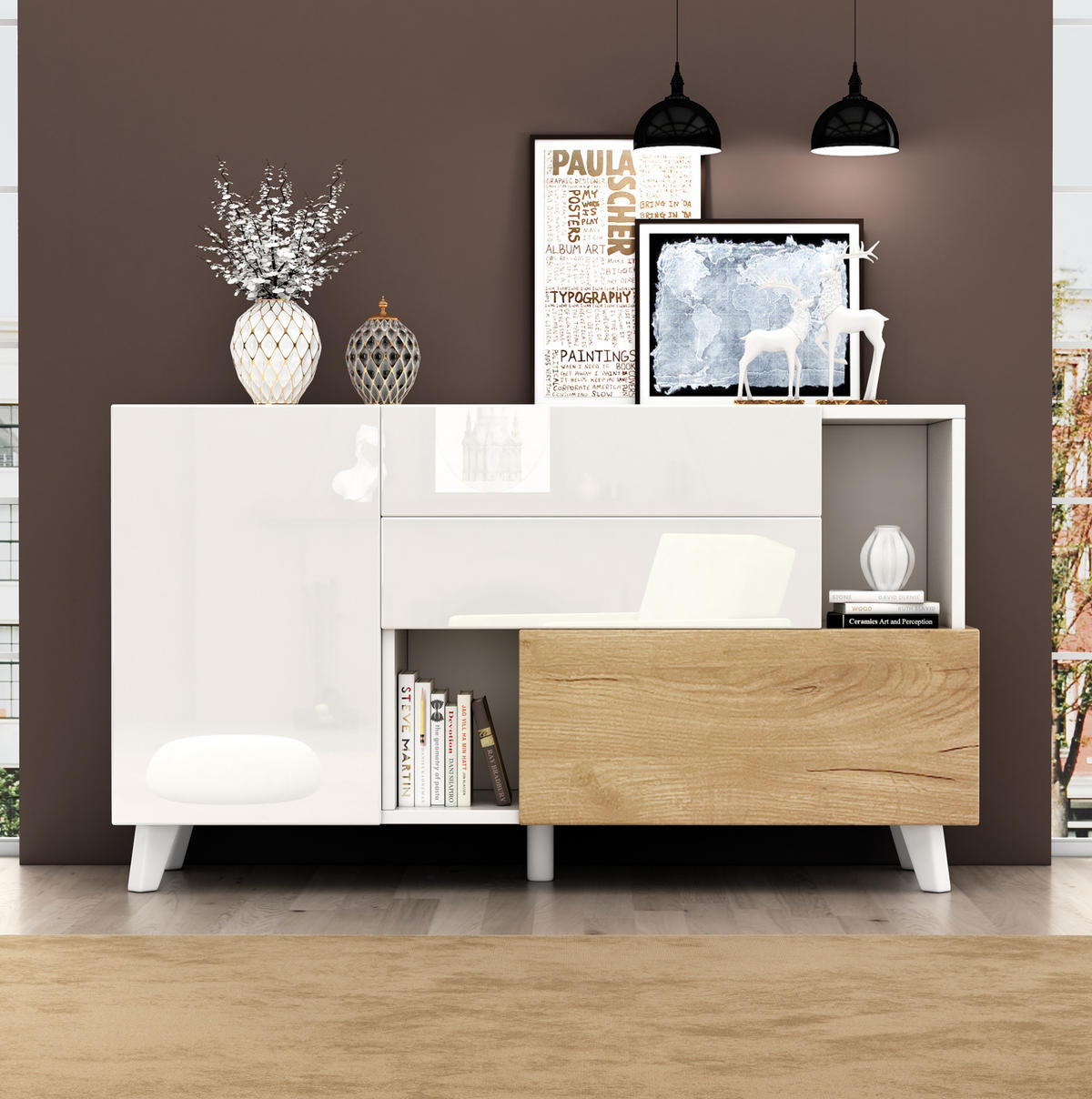 SIDEBOARD 130/40/70 cm Weiß/Eichefarben aus Spanplatte mit Stauraum - Weiß, Holzwerkstoff (40/70/130cm) - OKMYHOME