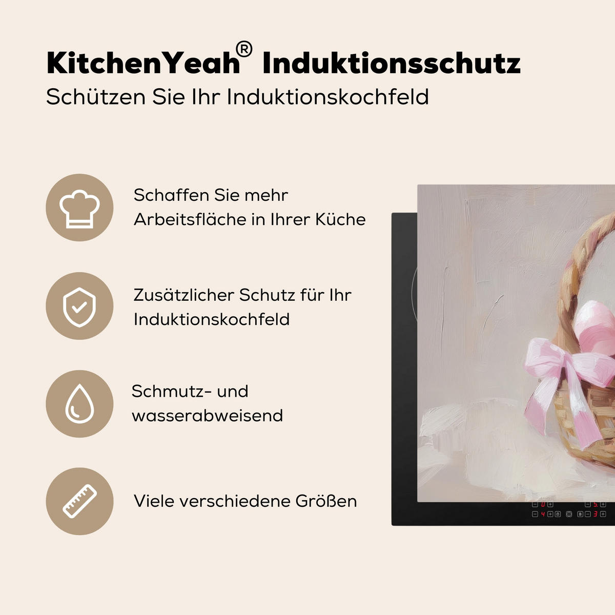 HERDABDECKPLATTE Korb - Eier - Rosa Induktionsmatte 77x59 cm - Beige, Kunststoff (77/59/0.2cm) - MuchoWow