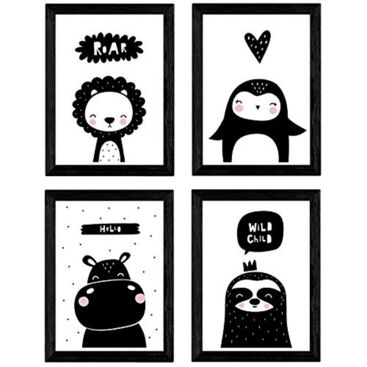 POSTER Set mit 4 Hipopotamo, Pinguino, Leon und Foca Tieren A4 Rahmenlos - Klar, Papier (29.7/3cm) - Nacnic