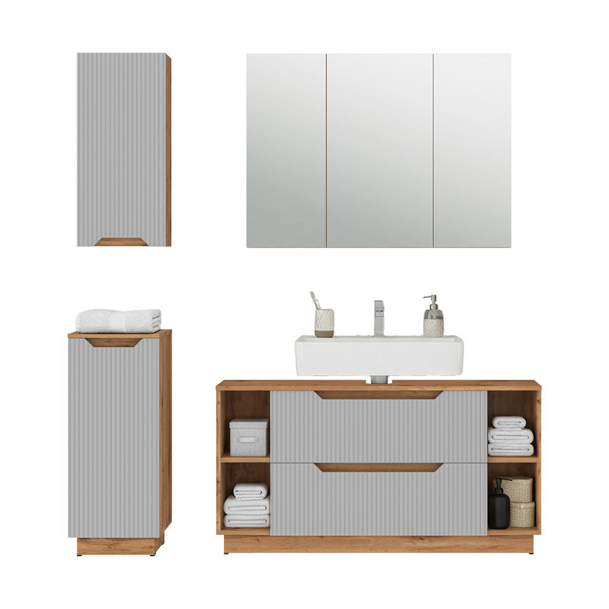 BADMÖBEL-SET Lotta Eiche/grau gestreift 4 Teile - Eichefarben/Grau, Holzwerkstoff (119.2/62.5/35cm) - Vicco