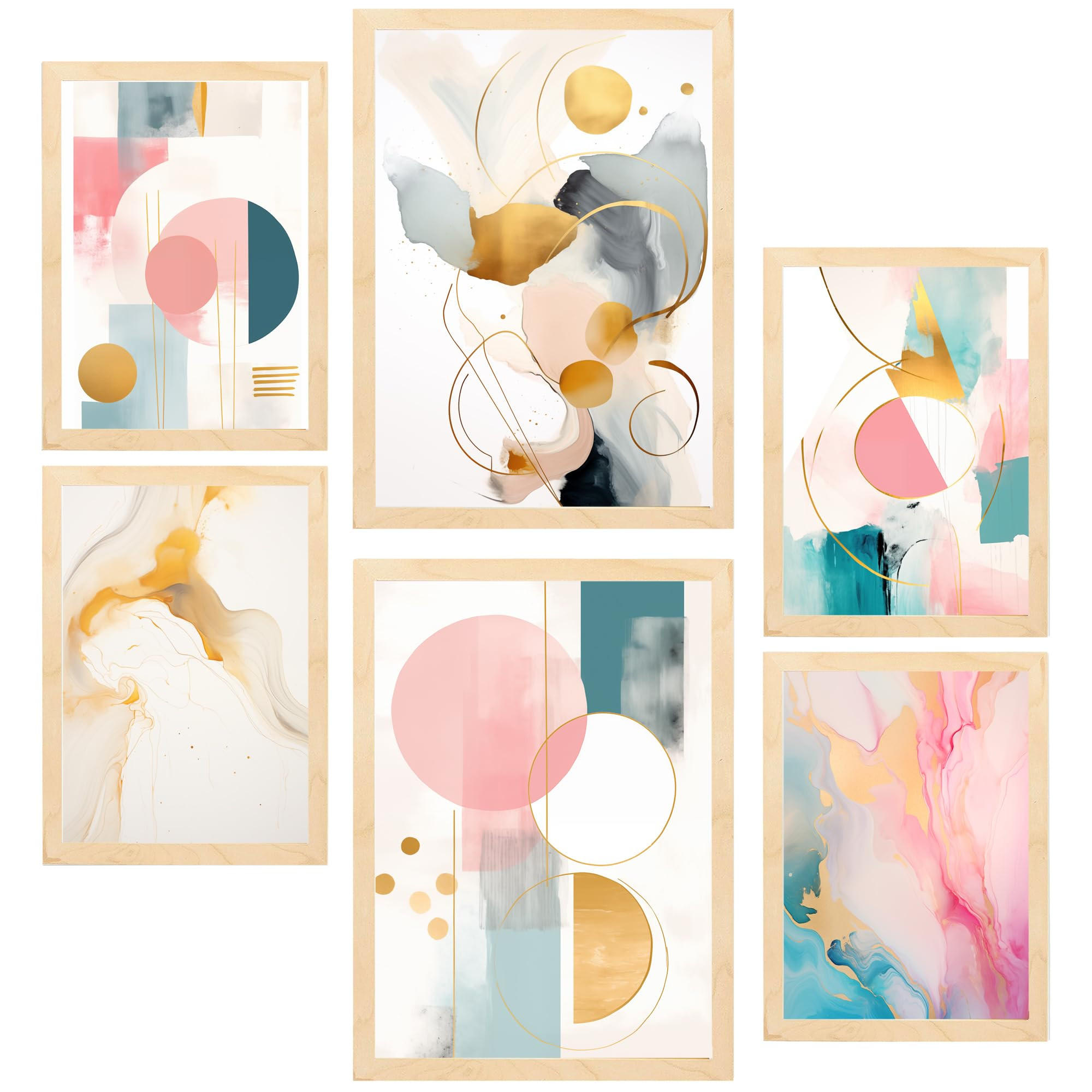 POSTER Set Mit 6 Grün Gold Fuchsia Lila Abstrakt A3 & A4 Rahmen Aus Hellem Holz - Beige, Papier (29/3/42cm) - Nacnic