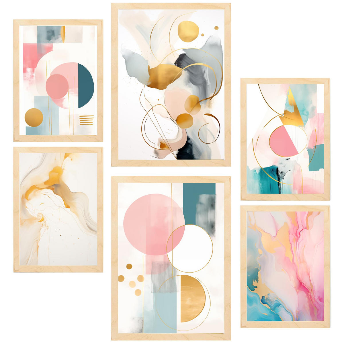 POSTER Set Mit 6 Grün Gold Fuchsia Lila Abstrakt A3 & A4 Rahmen Aus Hellem Holz - Beige, Papier (29/3/42cm) - Nacnic