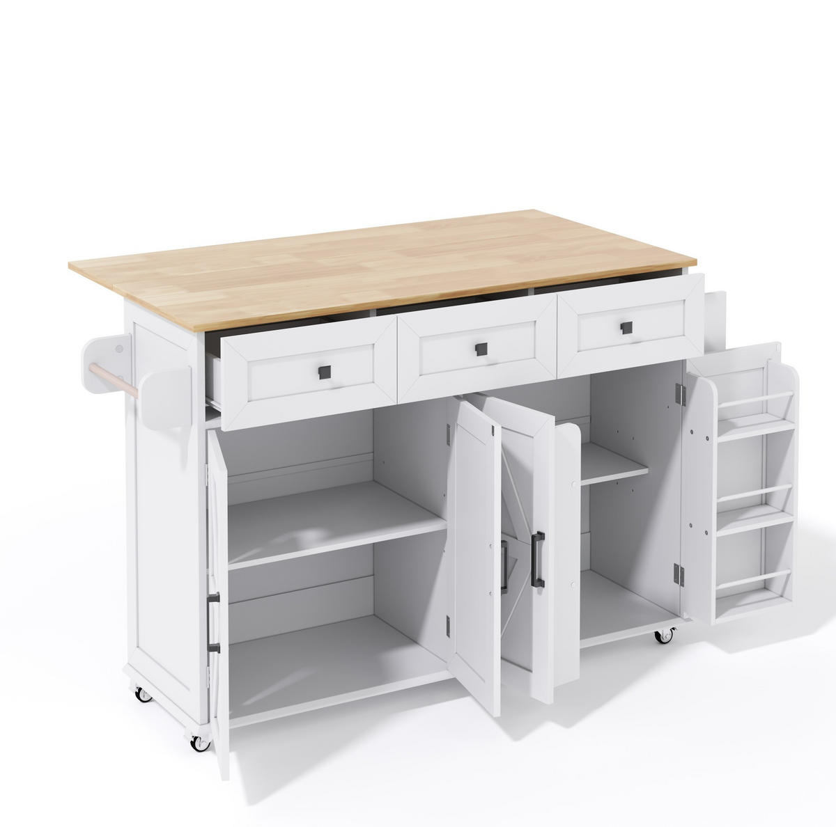 KÜCHENINSEL aus MDF 140x43(70)x90,5 cm Weiß/Natur mit klappbarer Arbeitsplatte, Rollen und viel Stauraum - Weiß, Holzwerkstoff (140/93/70cm) - Modfu