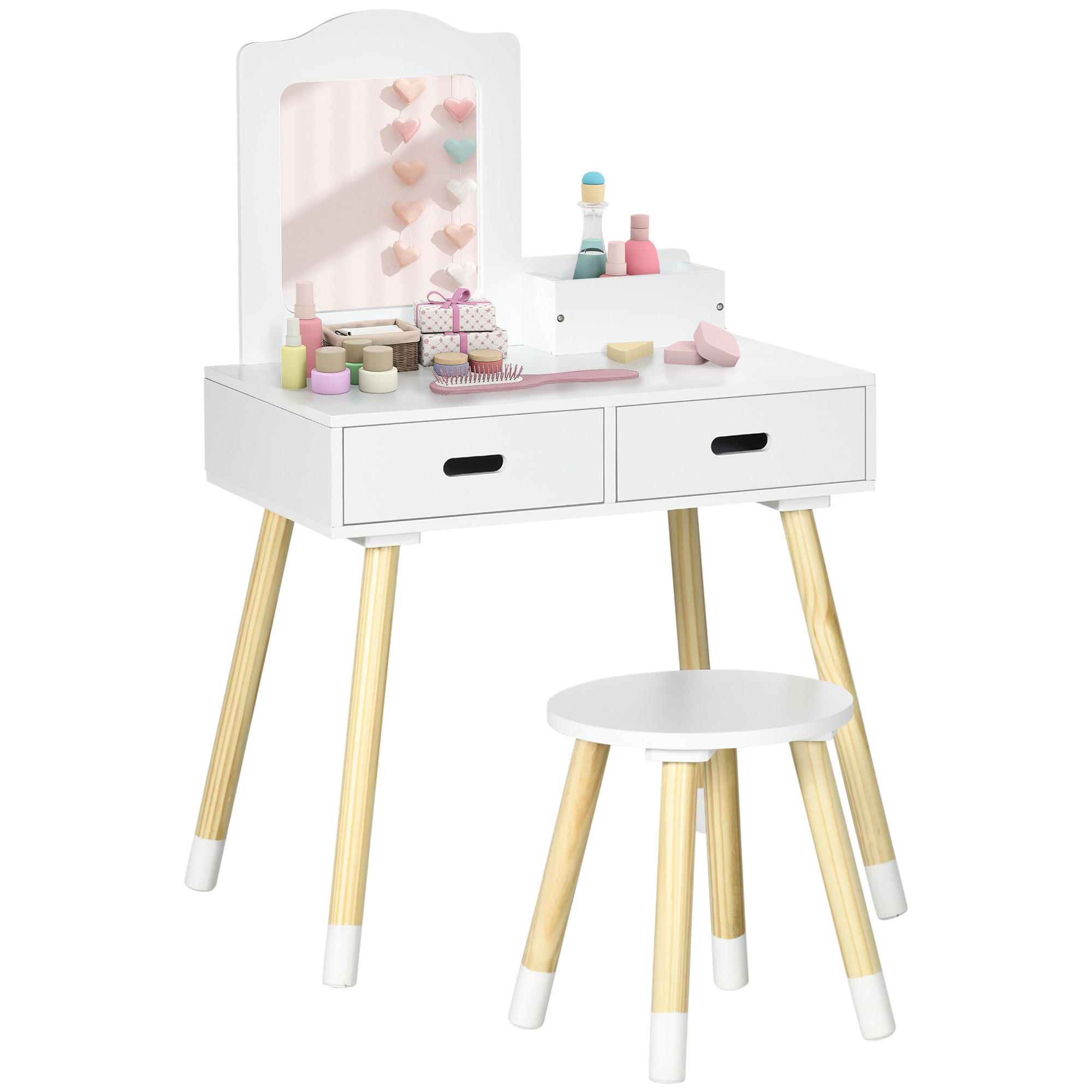 KINDERSCHMINKTISCH Weiß und Natur mit Hocker 60/40/95 cm - Weiß, Holzwerkstoff (60/95/40cm) - PANGIVO