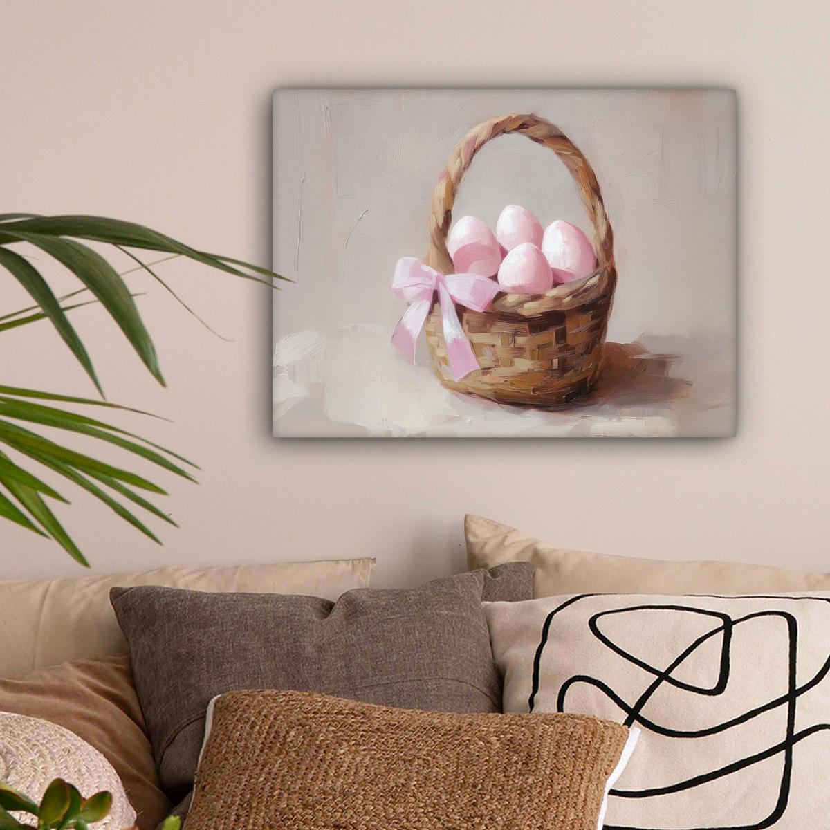 LEINWANDBILD Korb - Eier - Rosa Wandbild 40x30 cm - Beige, Textil (40/30cm) - MuchoWow