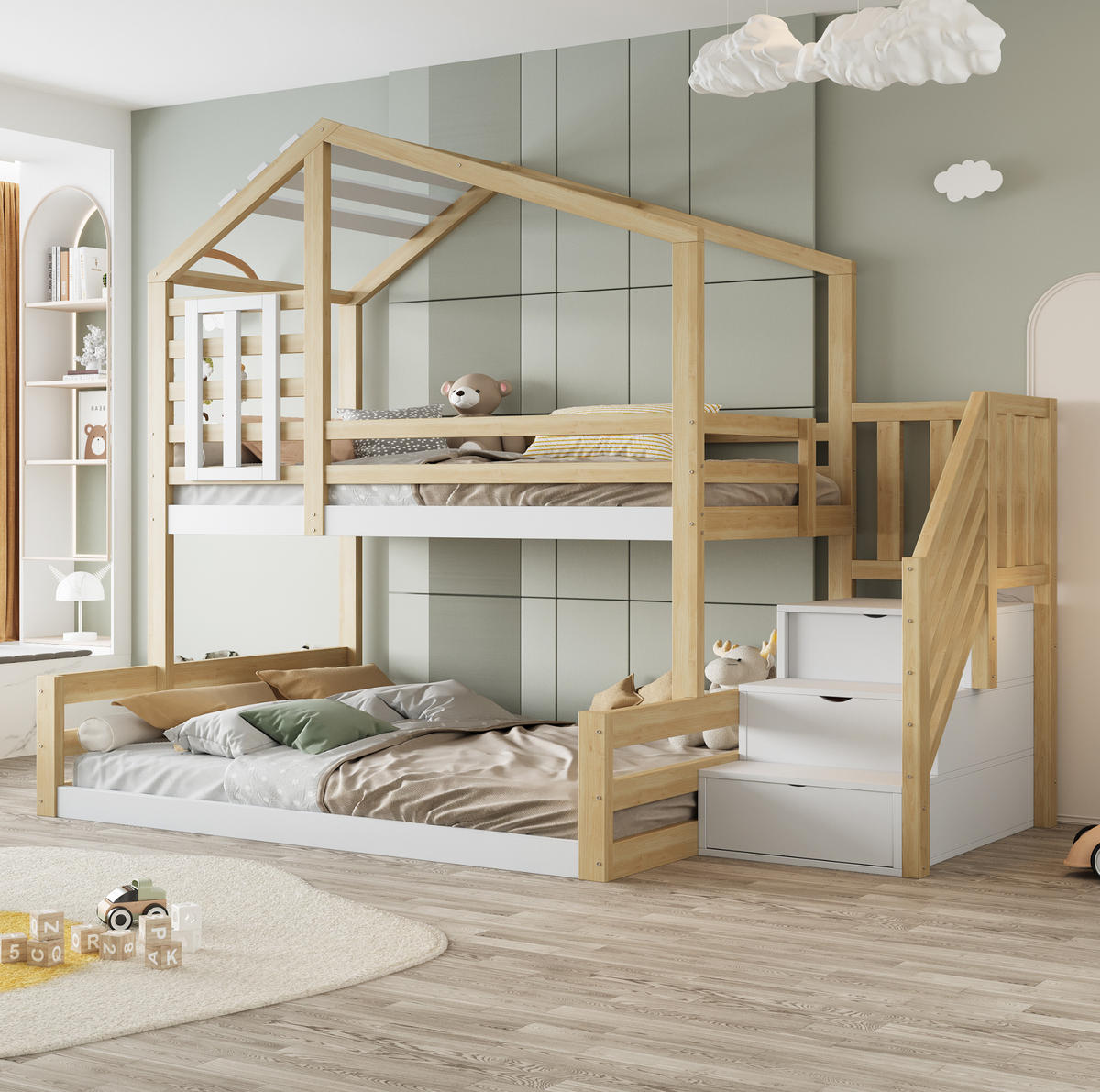 HAUSBETT 90/200 cm & 140/200 cm aus Kiefernholz mit Treppe und Stauraum - Naturfarben, Holz (90/200cm) - Flora Grace