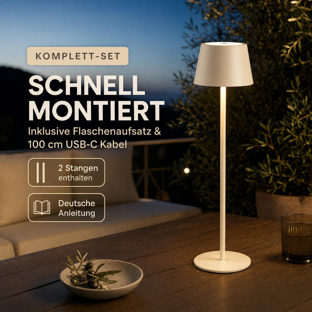 LED-TISCHLAMPE Akku 3-in-1 Beige dimmbar Flaschenaufsatz 26/45 cm Touch IP54 - Beige, Kunststoff (11/11/45cm) - Northpoint