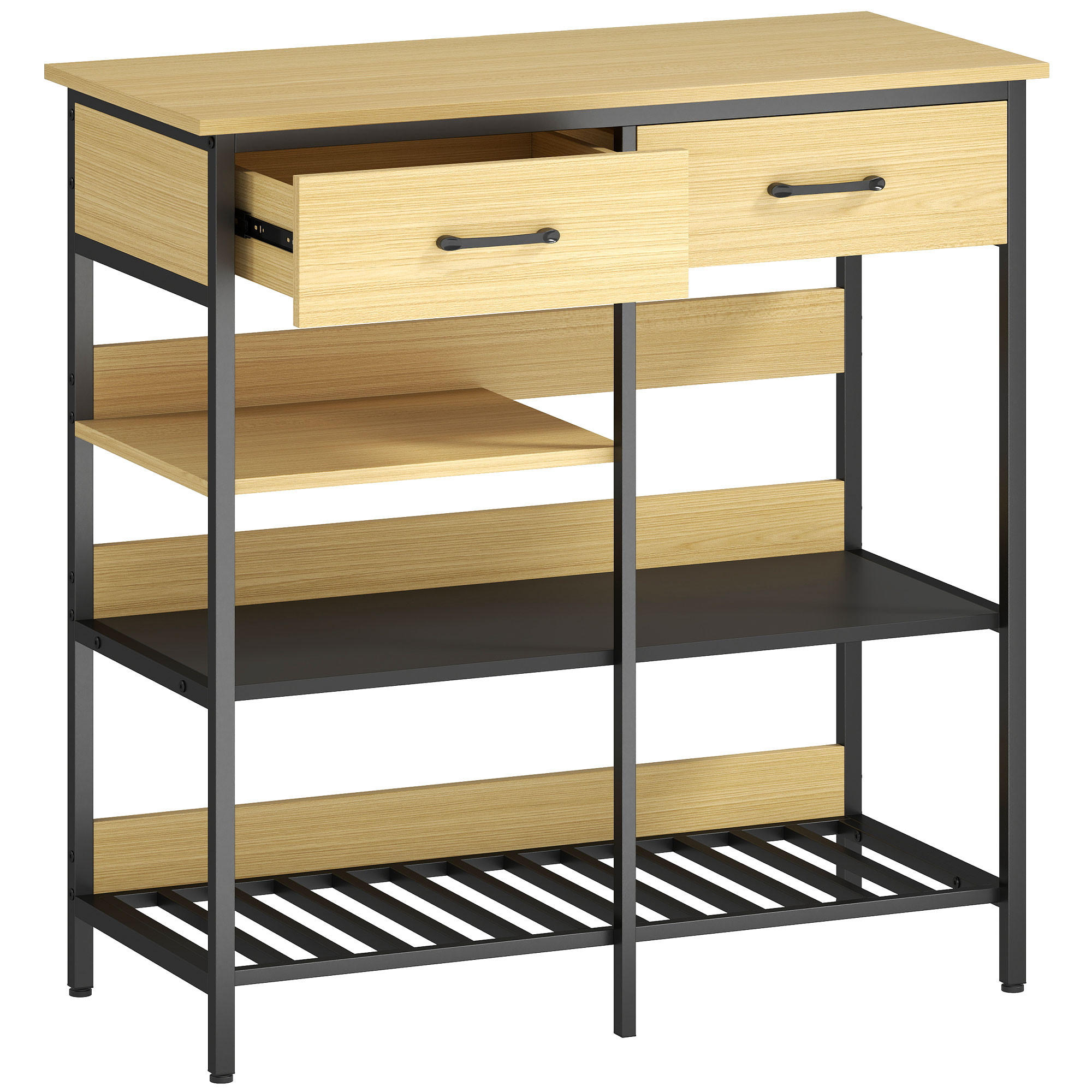 KOMMODE mit 2 Schubladen 3 offenen Regalen Naturholz - Schwarz/Naturfarben, Holzwerkstoff/Metall (40/91/90cm) - HOMCOM
