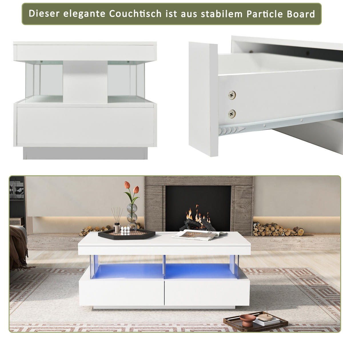 KONFERENČNÍ stolek 100/60/49,5 cm bílý z dřevotřísky s LED osvětlením a 2 zásuvkami - bílá, kompozitní dřevo (100/60/49.5cm) - OKWISH