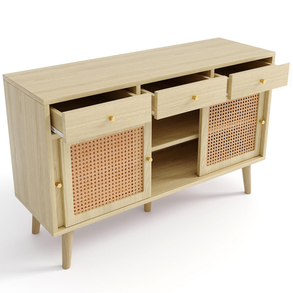 SIDEBOARD aus MDF in Eiche mit 3 Schubladen, 3 Schiebetüren und Rattanoptik, 120/40/78 cm, Eiche - Eichefarben, Holzwerkstoff (40/78/120cm) - Redom