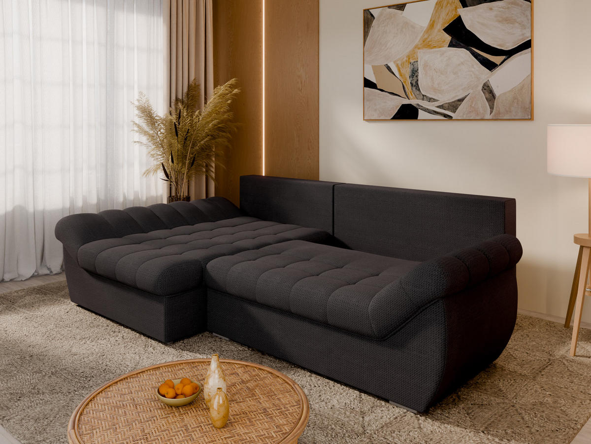 ECKSOFA ZAYA mit Schlaffunktion L-Form, Sofa mit Bettkasten, Wohnzimmersofa, Couch, Soffa, Bettsofa, LINKS- Anthracite - Anthrazit, Holz (279/175cm) - Homesy
